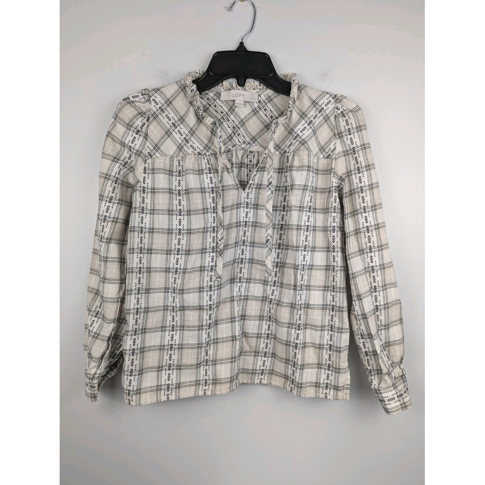 Ann Taylor Loft Plaid Ruffle Tie Neck Blouse Shirt Top Size XXSP‎ Long Sleeve